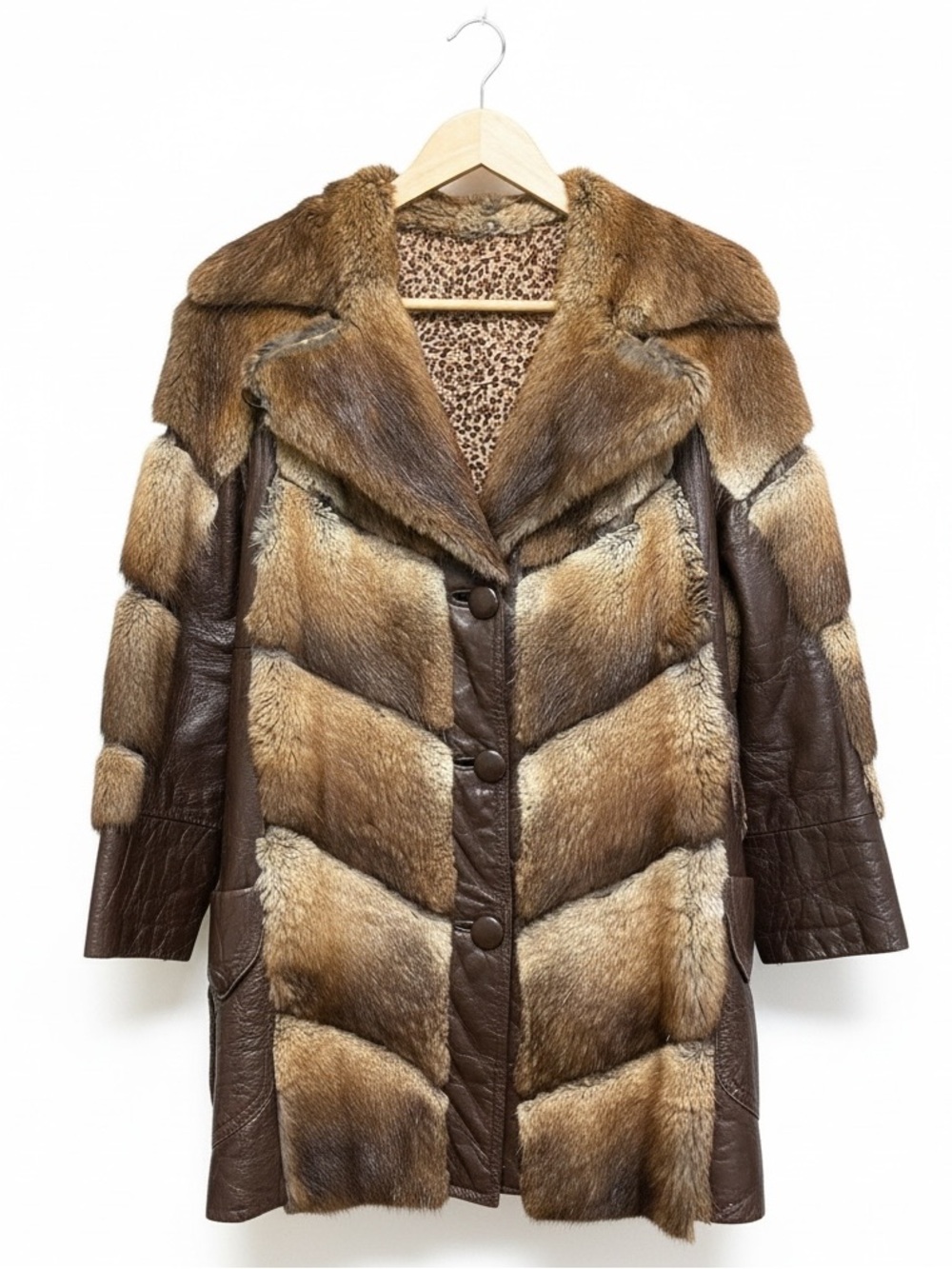 Vintage 70s Chevron Fur & Leather Penny Lane Coat Size S
